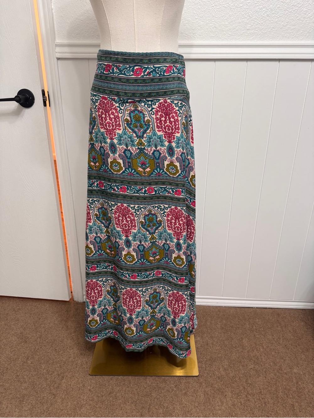Boho Floral Maxi Skirt in Teal and Pink